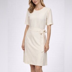 St. John Short Sleeve Tie Waist Midi‎ Dress Women’s Size 8 Ivory Pleated Panel